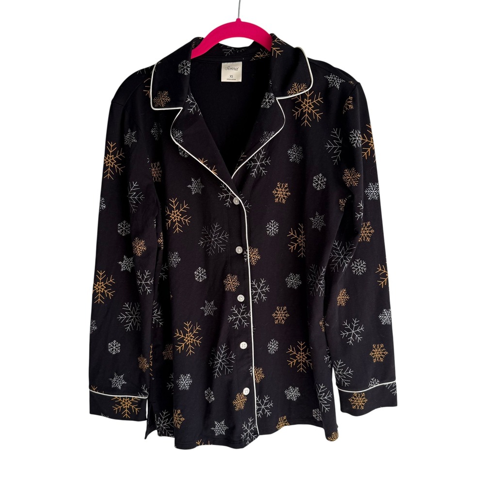 SOMA Embraceable Black Long Sleeve Notch Collar Snowflake Ladies Pajama‎ Top, XS